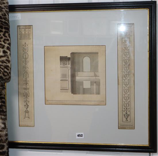 Attributed to James Wyatt, original pen and ink designs of decorative pilasters and a section of a chapel, framed as one, 41 x 6cm and